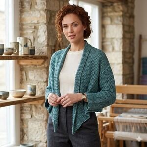 Bill Baber Scotland Handmade Teal Marled‎ Knit Cropped Shawl Cardigan Sweater